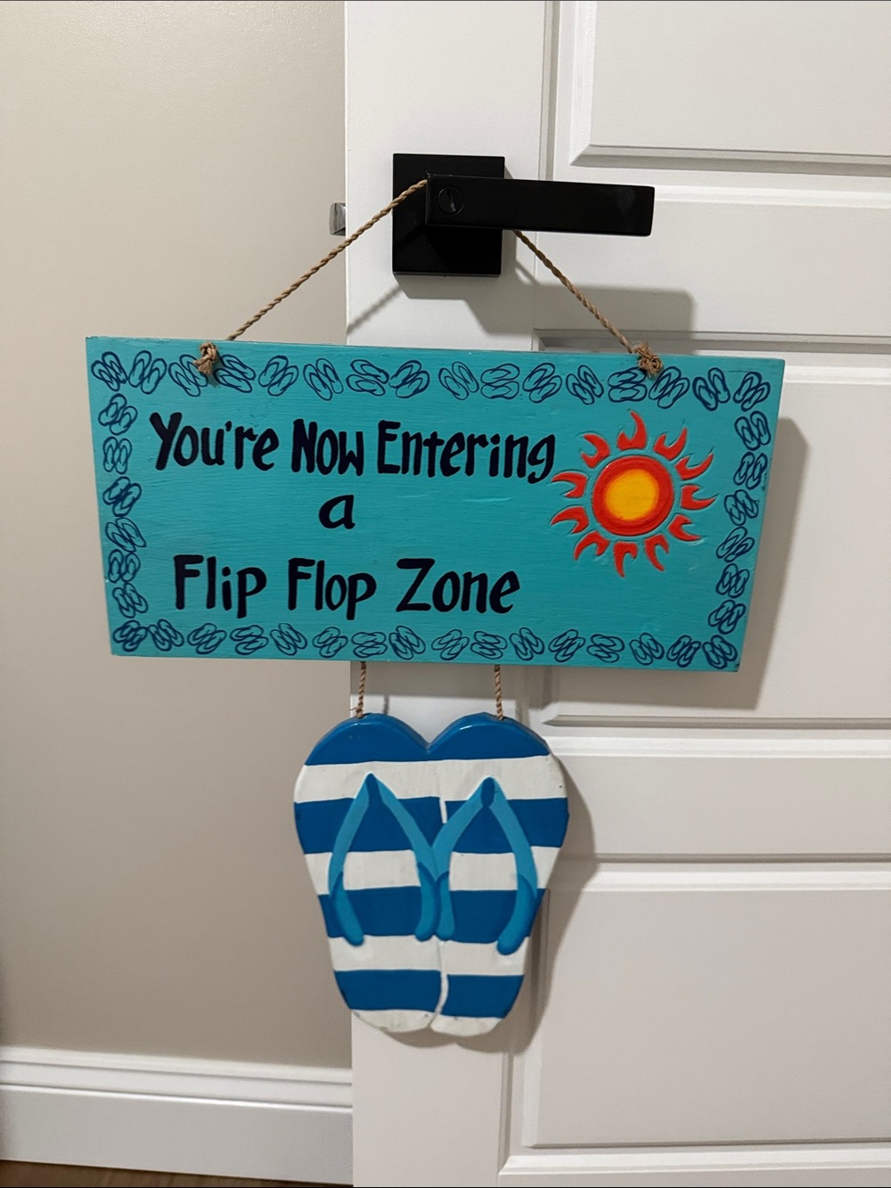 Turquoise "Flip Flop Zone" Wall Sign with Blue & White Flip Flops